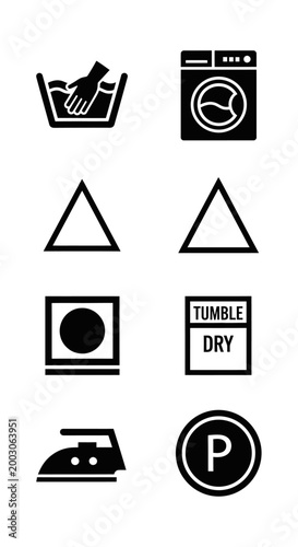 Laundry Care Symbols Icons Set: Washing, Bleaching, Drying, Ironing, Dry Cleaning