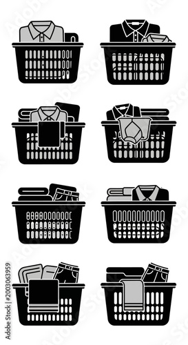 Laundry Baskets Full of Clean Clothes Icons Set