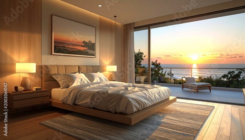 Luxury Bedroom with Ocean View at Sunset.
