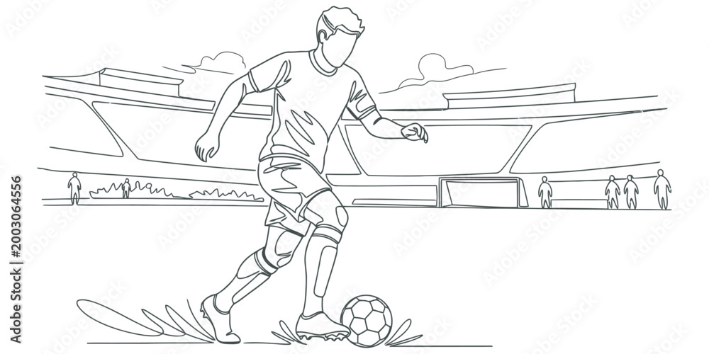 Fototapeta premium Soccer player dribbling ball on stadium field, line art vector illustration eps 10