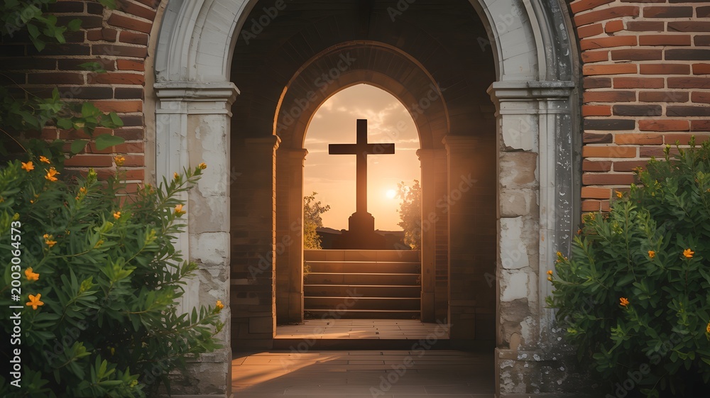 Fototapeta premium Silhouette of a cross at sunset viewed through church archway.