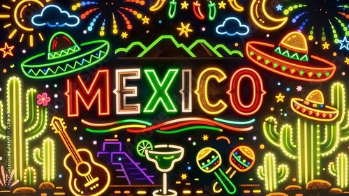 Neon Mexico sign with cactus sombrero guitar and festive lights vibrant cultural night celebration scene
