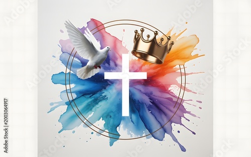 Abstract christian art composition with white cross dove and golden crown on colorful watercolor splash.