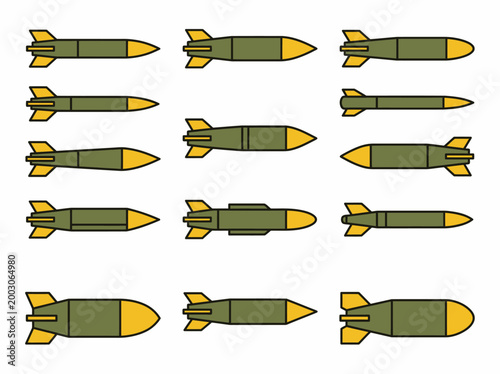 A clean flat vector illustration of a set of military rockets and missiles in different shapes and sizes
