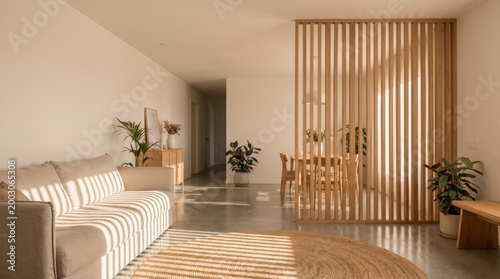 modern living room with slatted wood divider and dining area