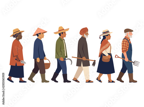Diverse farmers in a row, each carrying a farming tool, ready to work