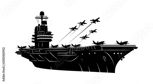 Naval power silhouette of an aircraft carrier with fighter jets taking off