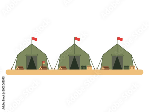Three military tents with red flags erected on a sandy field, showcasing a scene of temporary shelter and organization