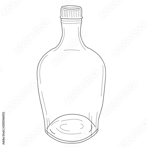 Glass bottle for wine, milk or juice, hand-drawn sketch. Vector illustration. A simple linear drawing of kitchen utensils is isolated on a white background