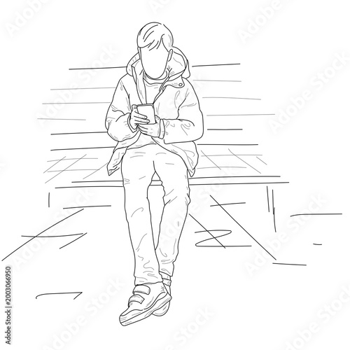A guy is sitting on a park bench and looking at his phone. Vector illustration. The drawing is hand-drawn, isolated on a white background