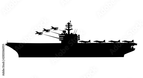 Aircraft carrier silhouette with fighter jets a powerful naval scene in black and white
