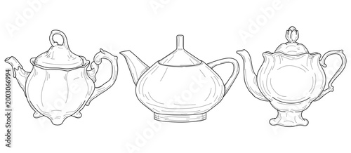 A set of porcelain teapots, a hand-drawn sketch. Vector illustration. Kitchen festive tableware for tea drinking in the cafeteria, the drawing is isolated on a white background.