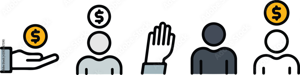Fototapeta premium Minimalist financial transaction icon set showing money transfer process with hand coin users and dollar symbols in linear sequence