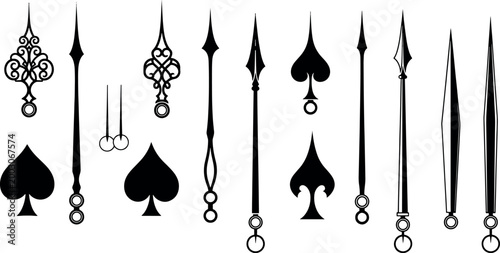 Vintage clock hands collection with antique watch pointers and decorative classic timepiece repair elements for horizontal design layout vector illustration