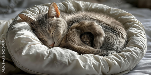 Gray kitten resting peacefully. Snoozing gray kitten nestles comfortably in cozy apartment