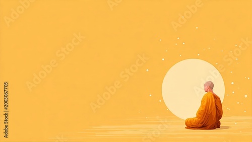 Monk meditating before glowing sun