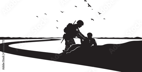 Silhouette of soldier helping child, heroic rescue scene, black and white vector, military aid illustration