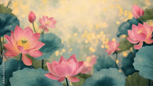 Pink lotus flowers in dreamy tranquil garden