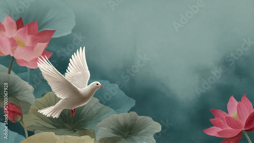 White dove flying over misty lotus pond