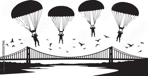 Parachuting, skydiving, black silhouette, vector illustration, adventure sports, bridge landscape