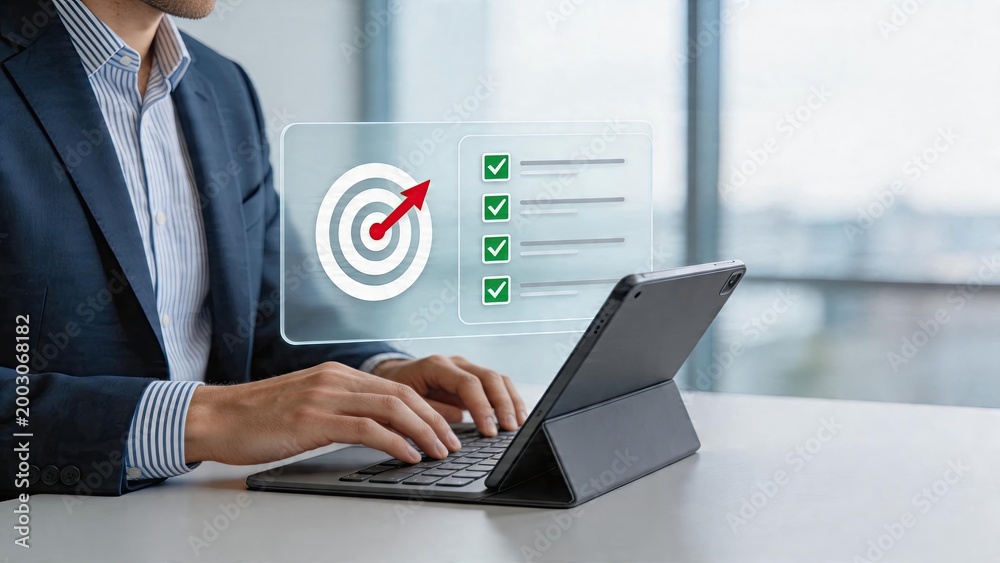 Fototapeta premium Businessman typing on tablet digital hologram of goal target and checklist with green checkmarks business strategy planning KPI performance metrics management concept office