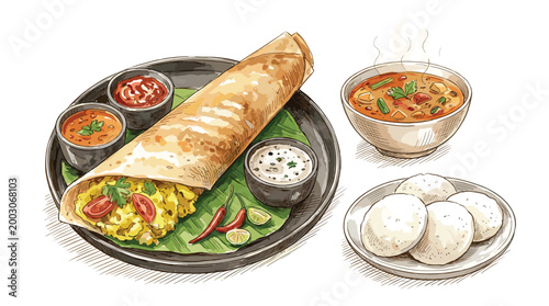Dosa with sambar and chutneys, idli on side, indian breakfast.
