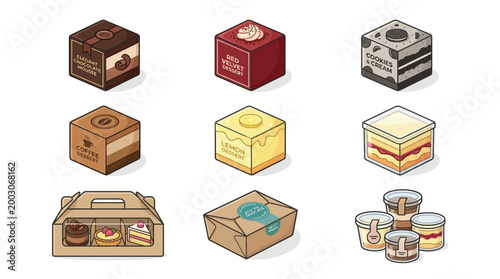 A collection of isometric illustrations of various dessert boxes and containers, showcasing different types of cakes, pastries, and jars of treats.