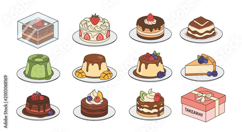 A delightful collection of various desserts and cakes, beautifully presented on plates and in packaging, showcasing a variety of flavors and styles.