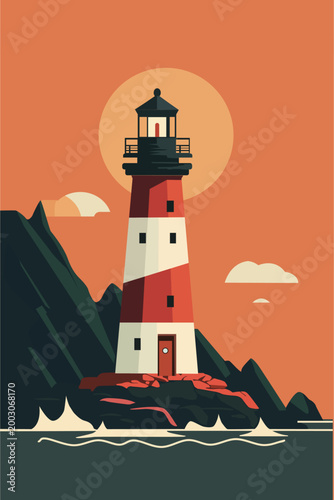 Minimalist Lighthouse Illustration: A vibrant, flat art sunset poster perfect for modern home decor, coastal vibes, and nautical wall art enthusiasts