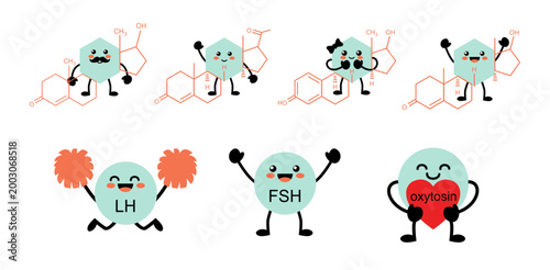 Endocrine Hormone Illustration Set, Cute Molecule Characters Testosterone Progesterone Estrogen Androgen LH FSH Oxytocin Medical Vector