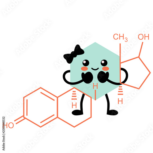 Estrogen Endocrine Hormone Illustration, Female Hormone Molecule Cute Character Vector Isolated