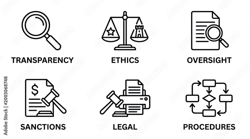 Fototapeta premium Vector graphic illustration of Set of law and justice icons with transparency, ethics, oversight, sanctions, legal and procedures Vector