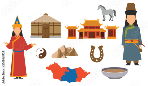 Mongolian Culture Elements: A colorful illustration showcasing diverse cultural symbols. Cultural illustration, Mongolian heritage, historic items, traditional art, national heritage.
