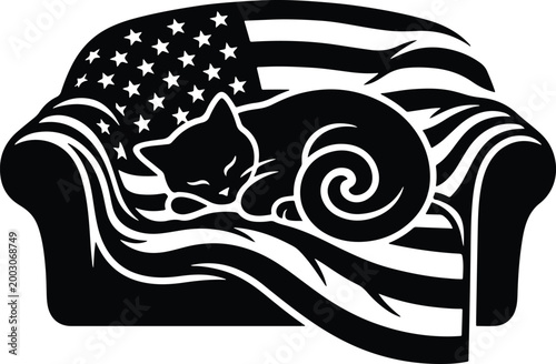 Cat napping on a sofa draped with American flag