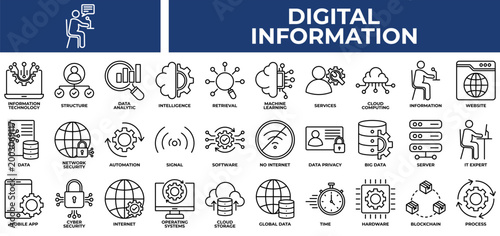 Digital  Information icon set collection. Containing services, review, server, advice, intelligence, report, expertise .Line vector icons collection
