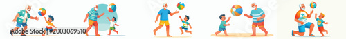 vector happy grandpa n grandchild playing beach ball in summer