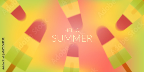 Hello summer web banner with ice cream popsicles on a soft blurred gradient background