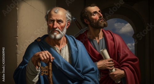 Saints Peter and Paul, venerable apostle figure holding key staff, companion man with sword, scroll, gaze skyward, religious commemoration, june twenty ninth tradition, christian disciple.