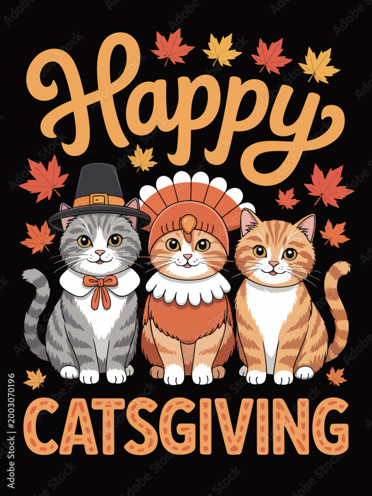 Naklejka premium Three adorable cats are dressed in festive Thanksgiving attire. They are surrounded by autumn leaves with the words 'Happy Catsgiving' above and below.