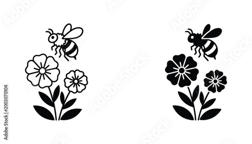 Bumblebee flying over a group of flowers icon set for garden and nature illustration projects
