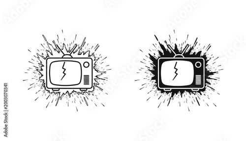 Vintage broken television set with electrical discharge splash vector illustration in outline and solid black styles for retro media concepts technology breakdown and artistic graphic design