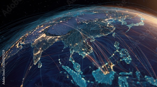 Digital globe with connected trade routes, global network, world trade.
