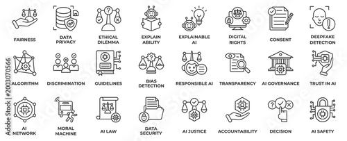 AI Ethics icon set collection in line style, an icon pack contain fairness, data privacy, ethical dilemma, explain, ability and digital right . Vector Illustration.