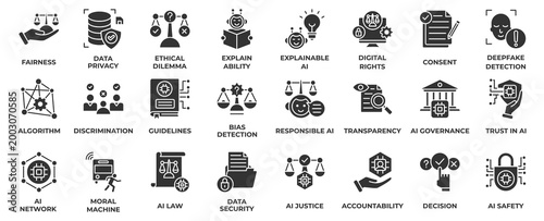 AI Ethics icon set collection in glyph style, an icon pack contain fairness, data privacy, ethical dilemma, explain, ability and digital right . Vector Illustration.