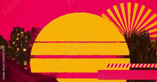 Abstract synthwave landscape with a large stylized yellow sun on a pink background