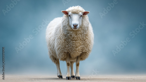 Sheep with fluffy wool on blue background, eid ul adha concept, sheep