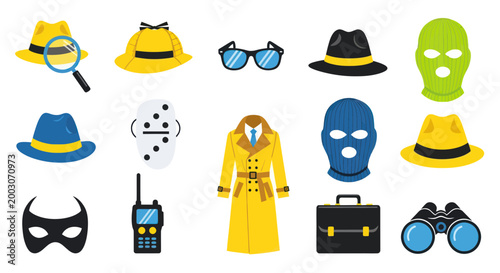 Detective and Criminal Icons: Magnifying Glass, Fedora, Trench Coat, Ski Mask, Binoculars