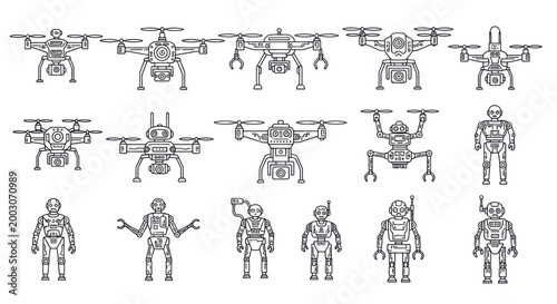 Drone and Robot Icons Set: Futuristic Technology and Automation