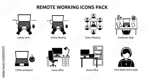 Remote working icons pack including home office freelancer desk online meeting coffee workspace laptop icons.