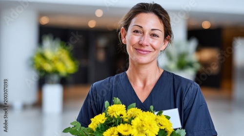 Female nurse in dark scrubs holding a bouquet of yellow flowers, smiling in a bright hospital lobby with floral arrangements in the background
